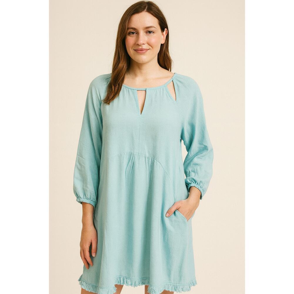 UMGEE raglan peasant botique dress with pockets blue guaze linen blend EUC S